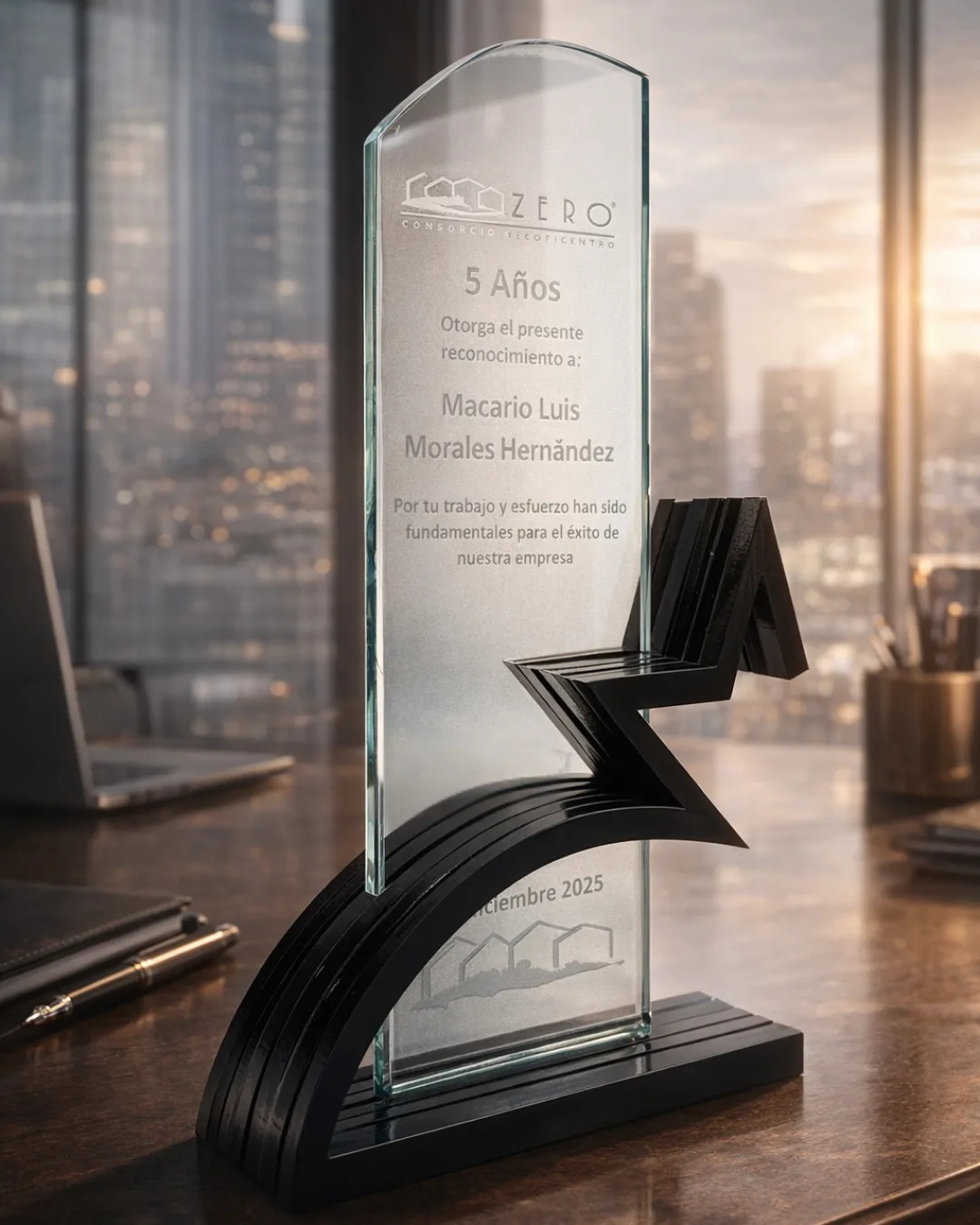 Trofeo de cristal grabado para reconocimiento corporativo